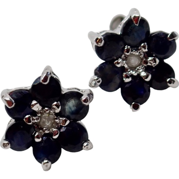 Blue Sapphire & Diamond Floral Stud Earrings Rhodium Plated Sterling Silver .925 - Picture 1 of 15